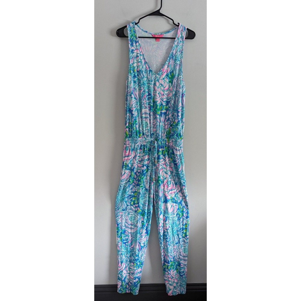 Lilly Pulitzer Paulina Jumpsuit Womens Size Medium Full Bloom Floral Blue & Pink
